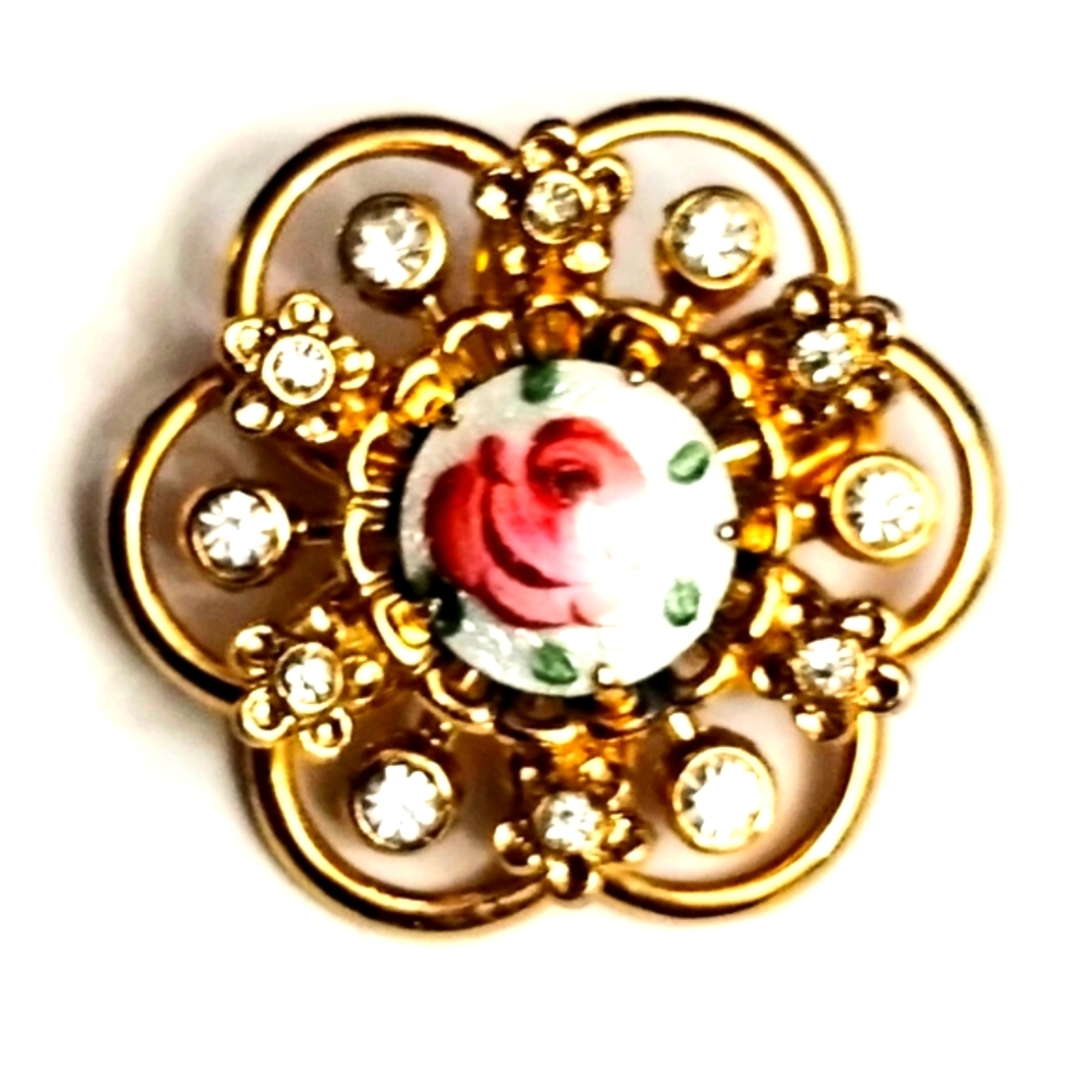 Vtg 1950s Petite Guilloche Rose Enamel Rhinestones Forget Me Not  Pin Brooch